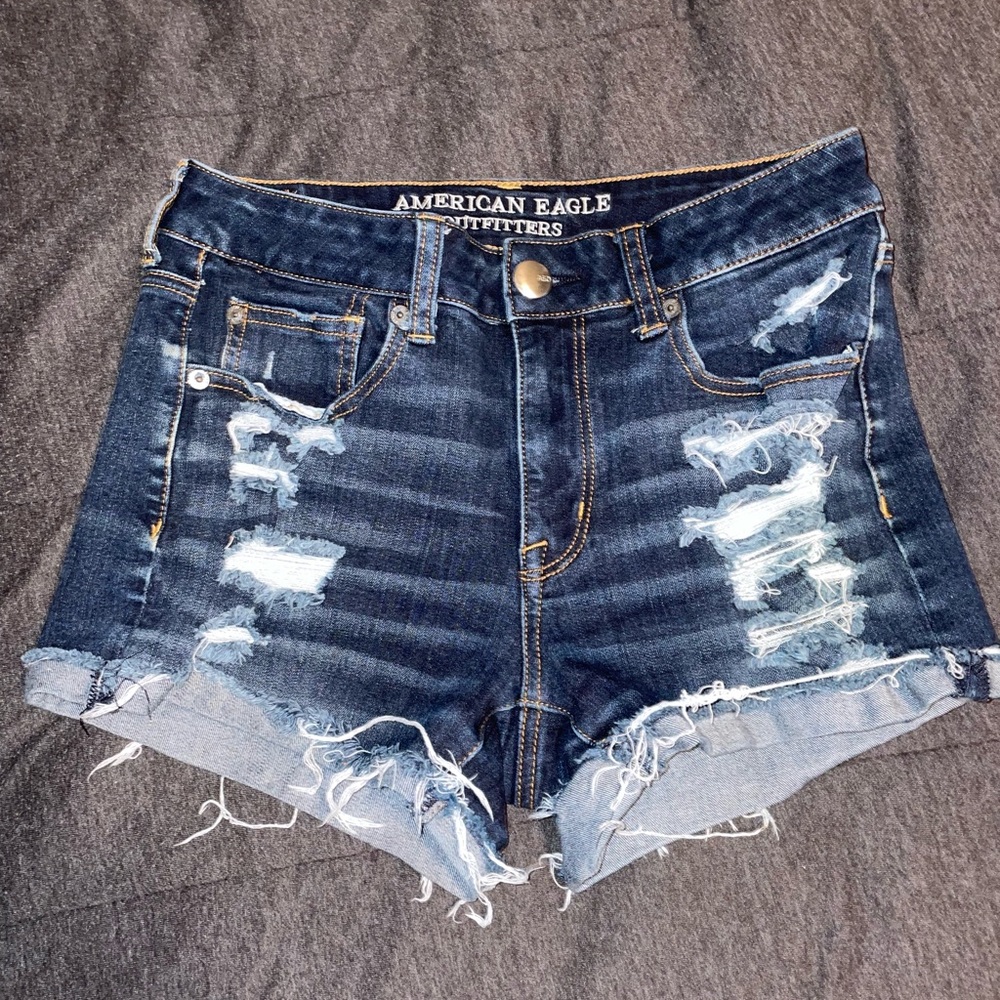American Eagle “Hi-Rise Shortie” jean shorts.